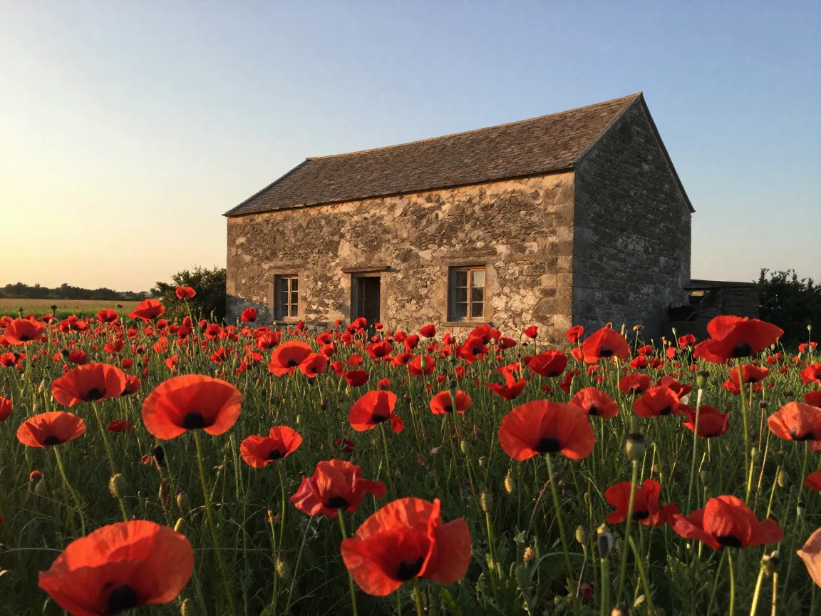 A field of red poppies sways beneath an old stone farmhouse at golden hour.
