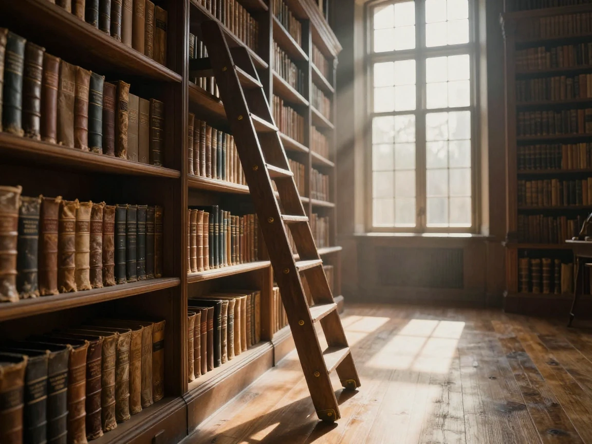 A grand old library with a rolling ladder and dusty shelves as morning light spills through the windows