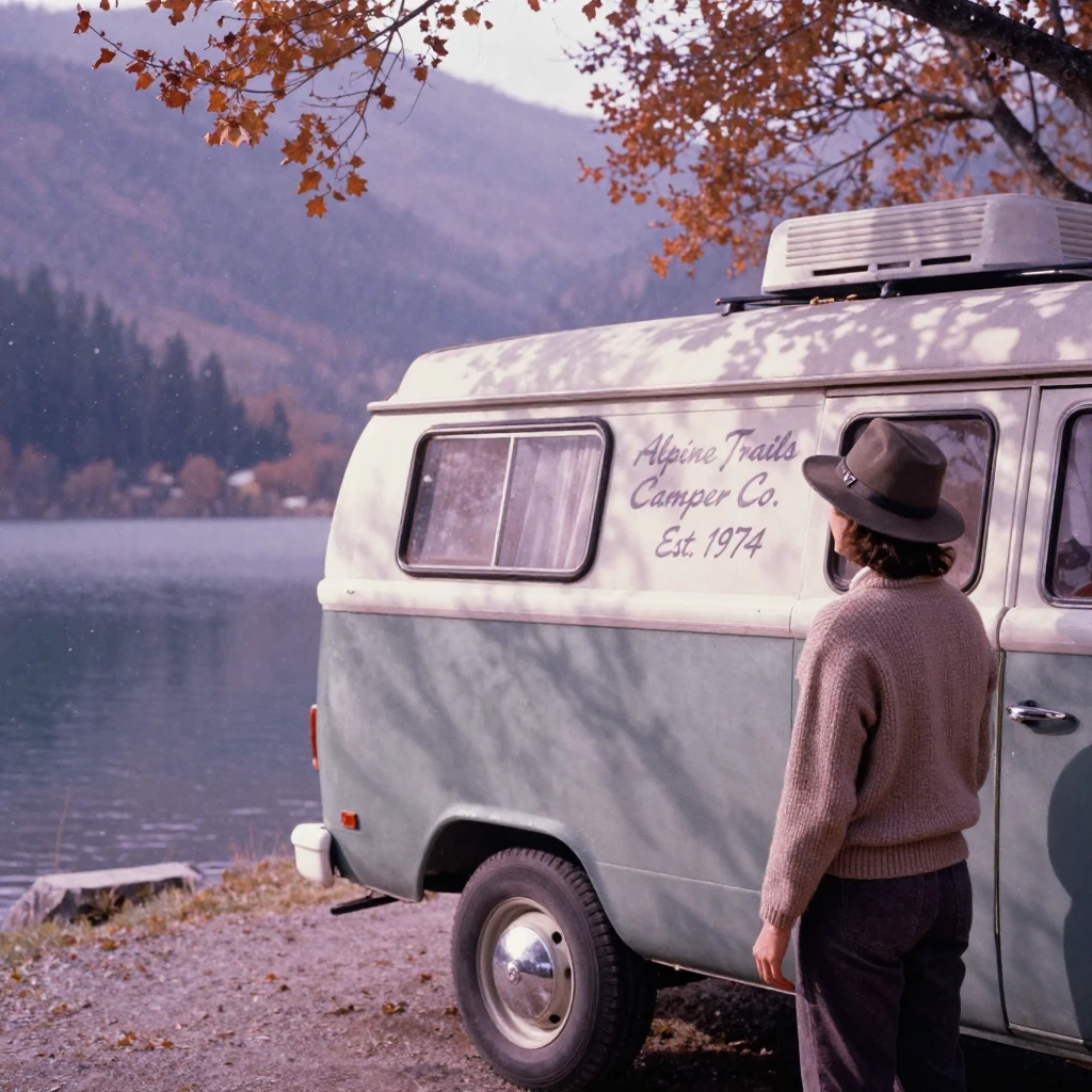 A vintage camper van parked beside a quiet alpine lake, in dappled light filtering through leaves, amid gently falling snow, in late autumn, in dusty lavender and rose tones, over the shoulder of the main subject.