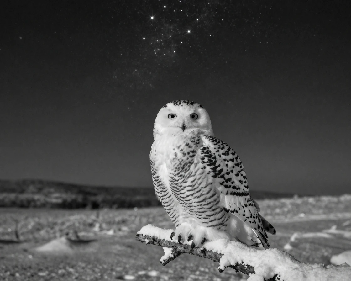 A snowy owl watches silently from a frozen branch beneath a starlit arctic sky.
