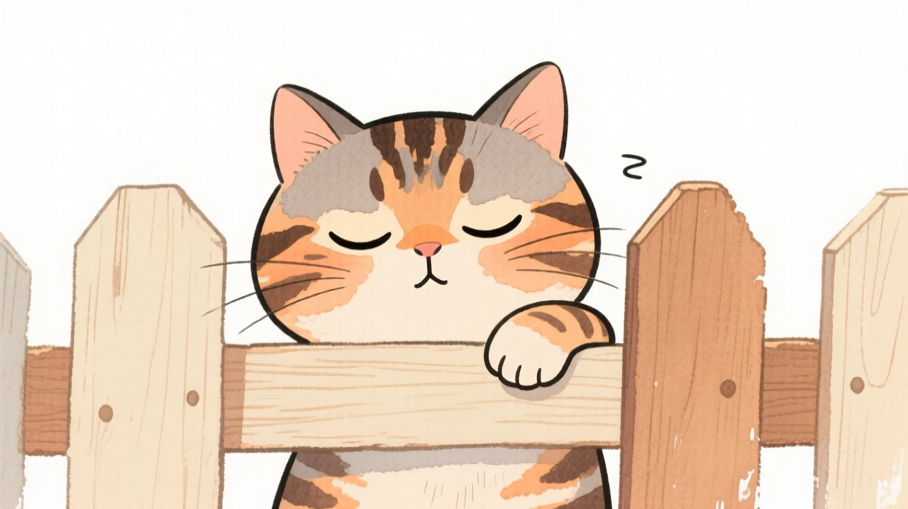 A sleepy tabby cat peeking through a wooden fence