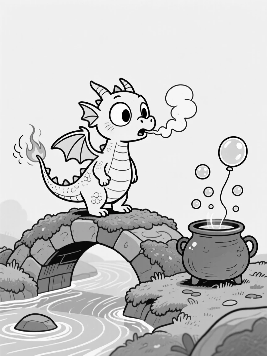A tiny dragon hiccuping puffs of smoke, getting singed by a misfired spell, set on a mossy stone bridge over a babbling creek. Bubbles from the cauldron float up like little balloons. It's a whimsical moment that feels both magical and silly.