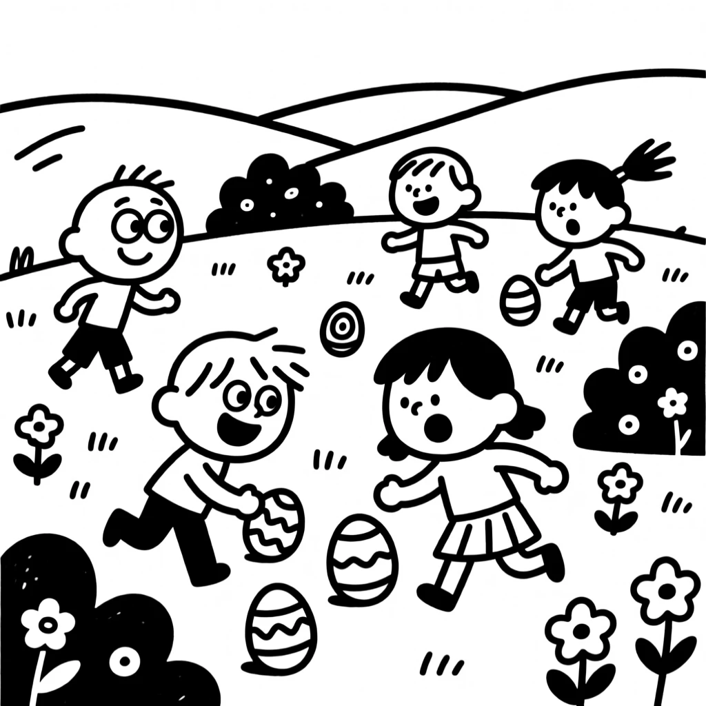 A festive Easter egg hunt with children searching through a spring garden.