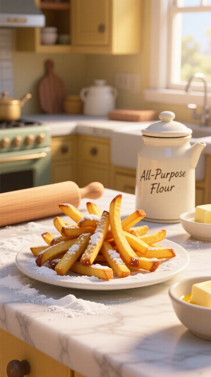 A plate of crispy golden fries sits on a marble kitchen counter dusted with flour, with a light dusting of powdered sugar. A cheerful, mouthwatering warmth surrounds the dish.