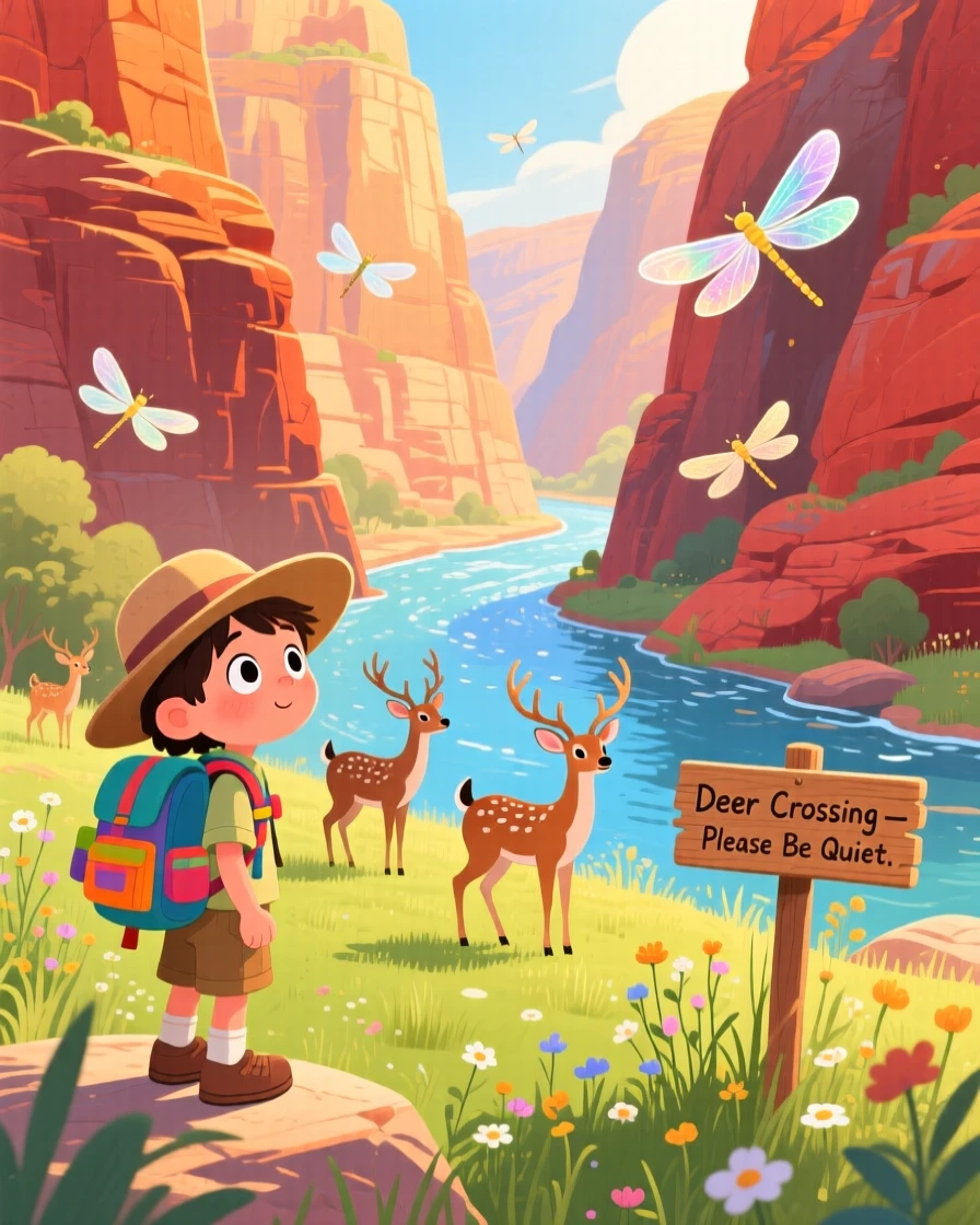 A curious camper spends the day spotting deer at the edge of a clearing through a canyon carved by an old river, while dragonflies dart above the water.
