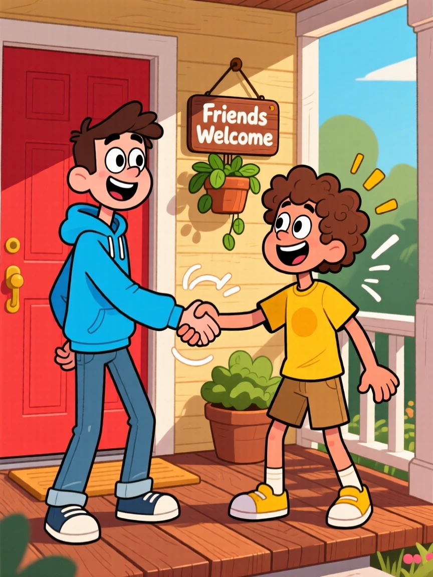 Two friends practicing a handshake routine on a porch.