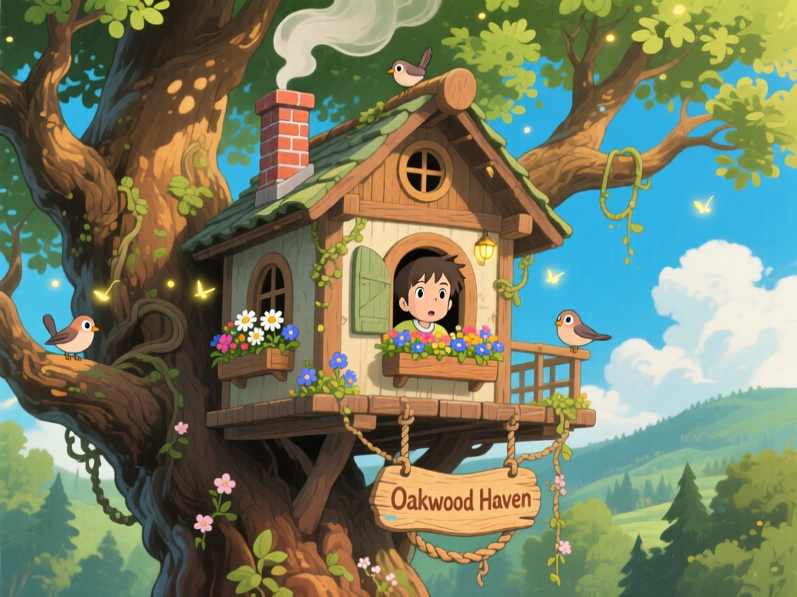 A charming view of a treehouse built among the sprawling branches of an ancient oak, with smoke curling gently from its chimney.