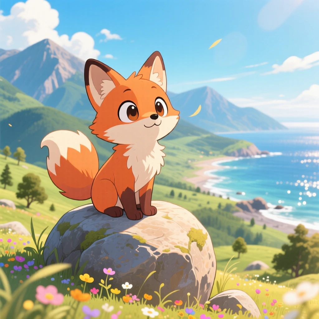 A curious fox sitting atop a boulder overlooking a valley, framed as a full-body shot within a sweeping mountain vista, on a breezy coastal afternoon, glowing under shimmering reflected light off water, evoking warm affection.