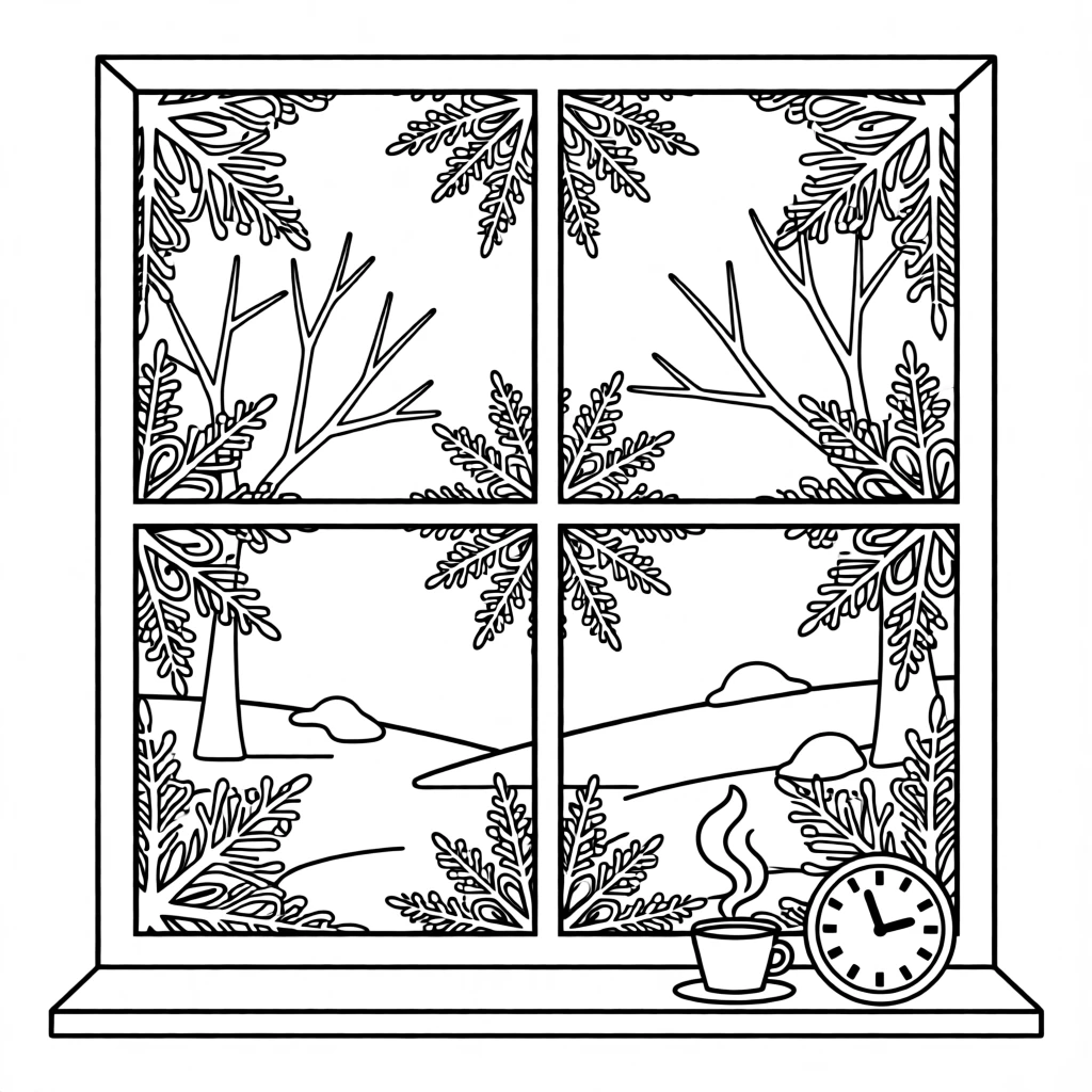 A winter morning with frost patterns on a window