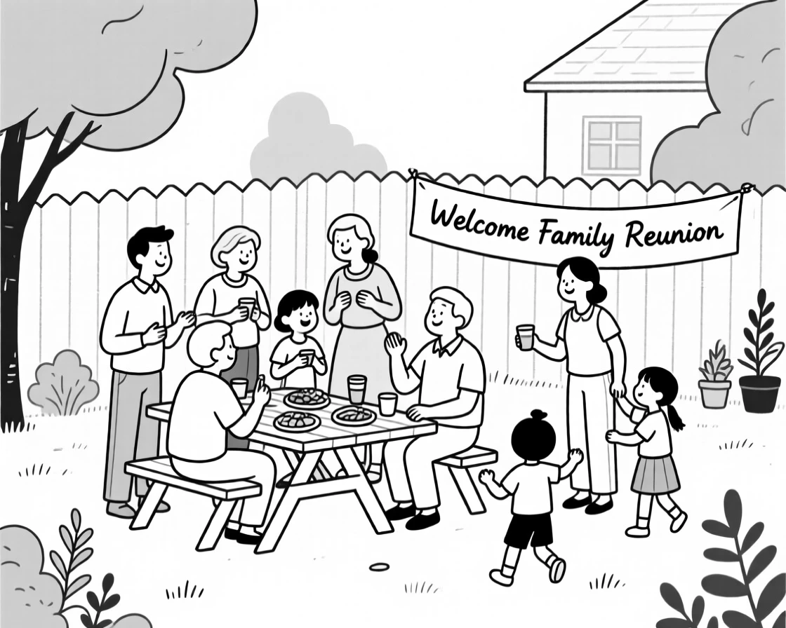 A family reunion with relatives gathered in a backyard