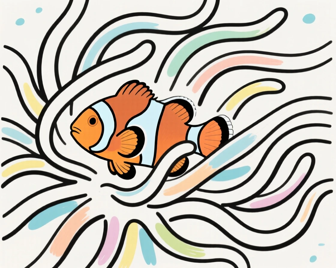 A clownfish hiding among the swaying tentacles of an anemone.