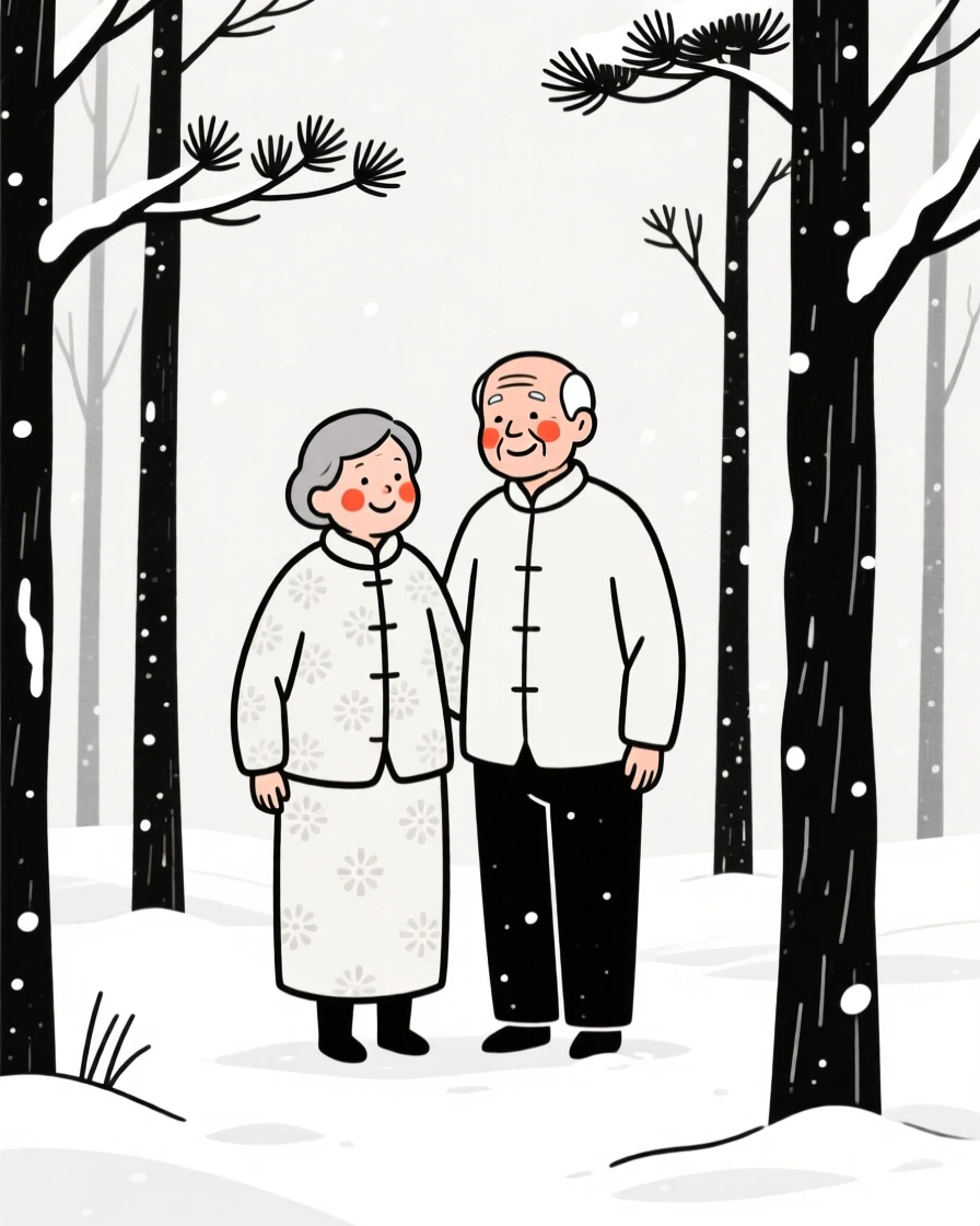 An elderly couple of Chinese heritage, smiling warmly, in a snow-covered pine forest.