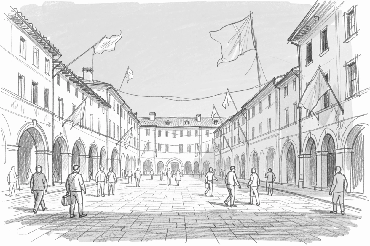 Sweeping architectural view of a bustling old-world piazza, beneath a clear blue sky, with flags gently fluttering in the breeze.