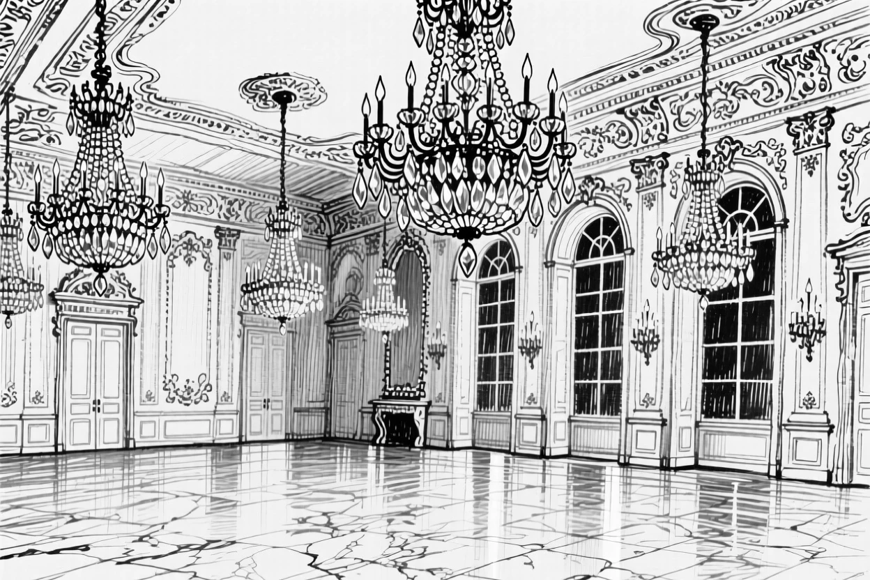 A grand ballroom with crystal chandeliers and a polished marble floor.