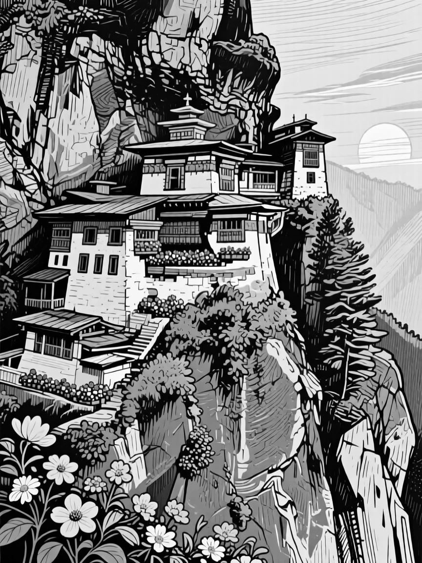 A mountain monastery perched on a cliff at golden hour with long shadows, featuring flower boxes lining every window, rendered in a warmly nostalgic architectural composition.