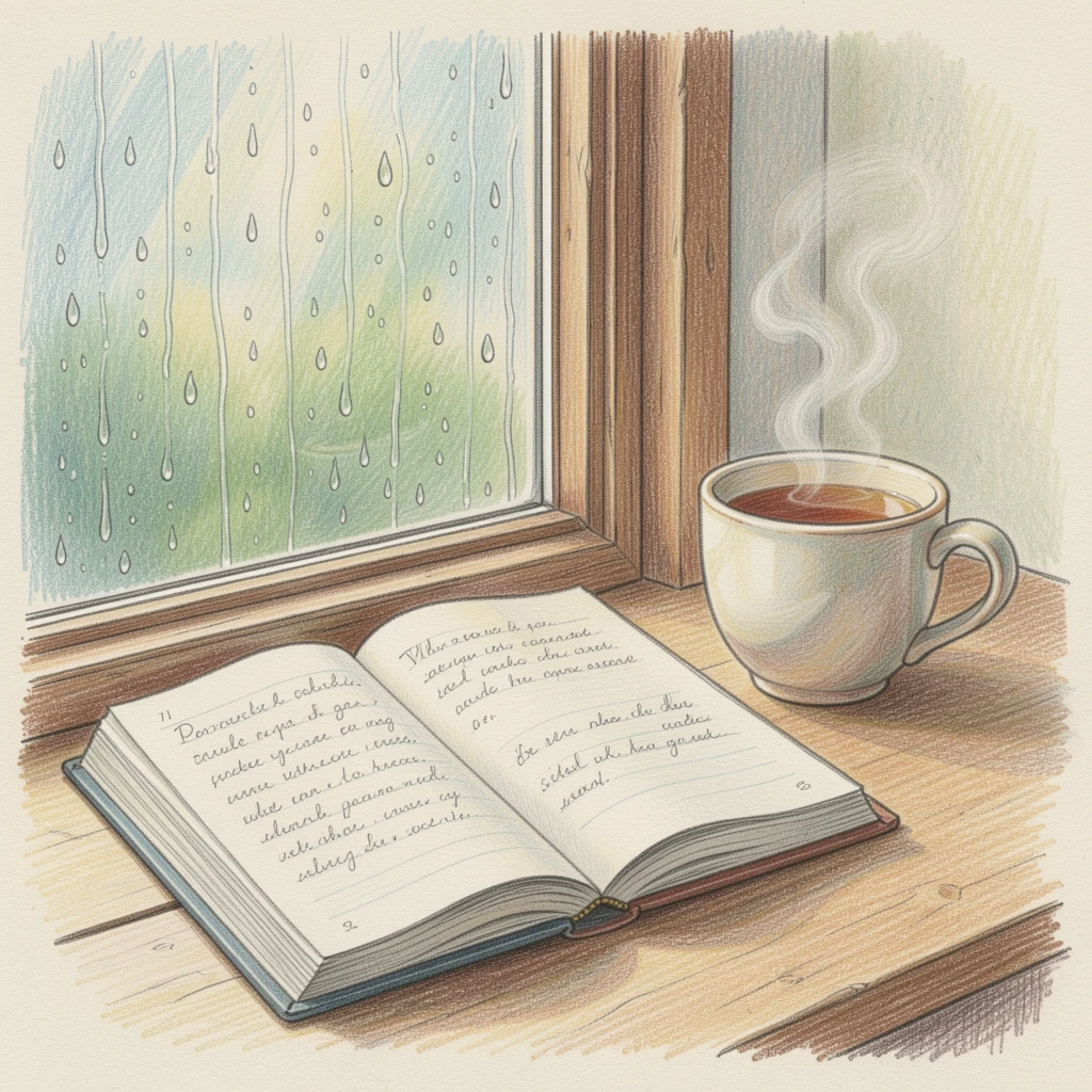 An open journal and cup of tea resting beside a rain-streaked window, with soft, diffused light creating a tranquil atmosphere, celebrating stillness, simplicity, and inner peace.