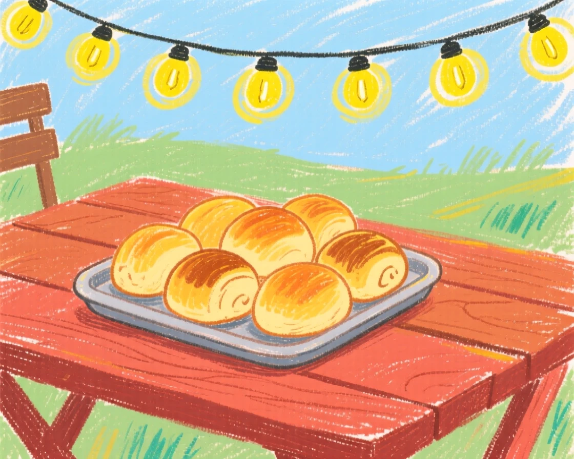 A tray of golden dinner rolls set on an outdoor table beneath string lights.