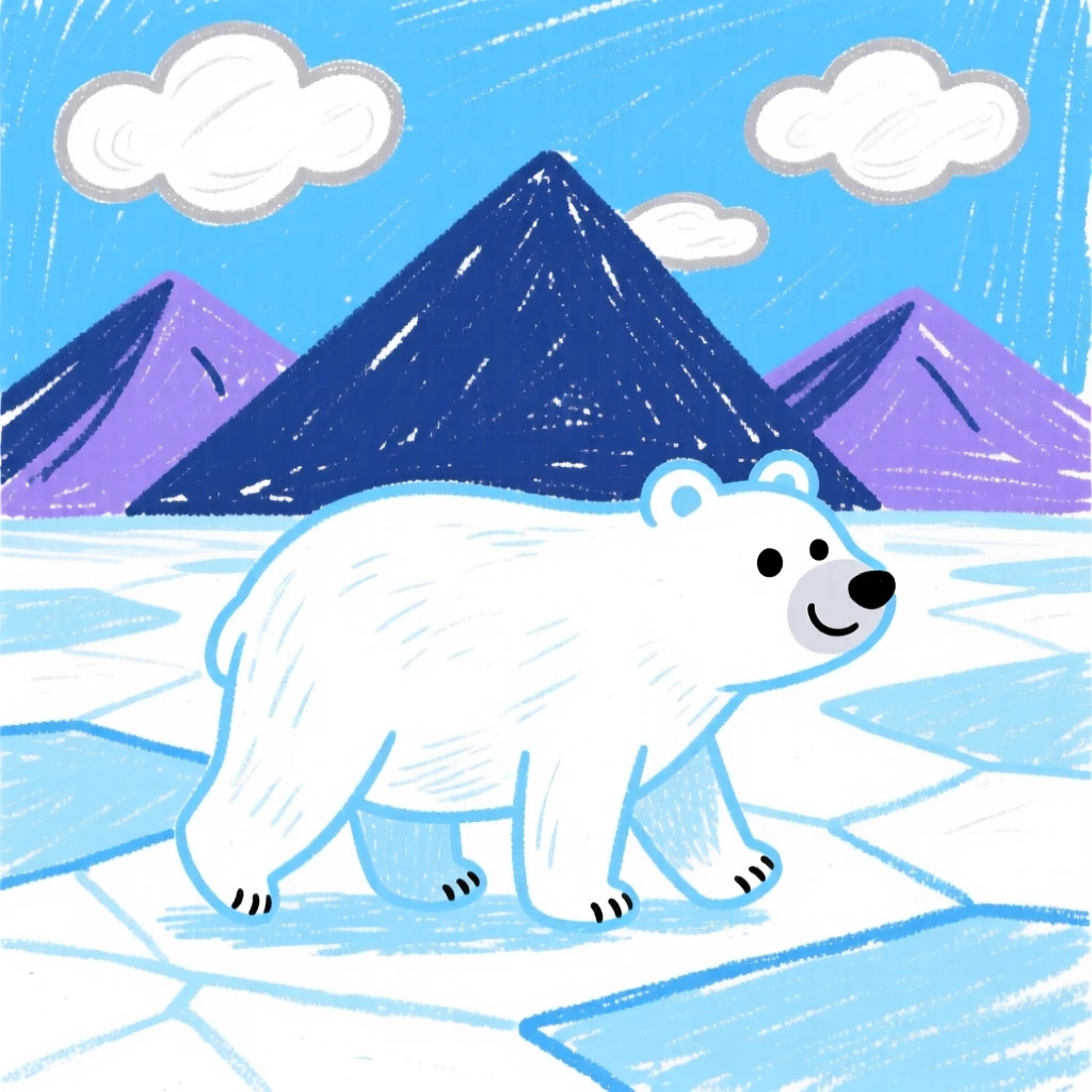 A polar bear walking across an icy landscape as clouds drift over distant mountains.