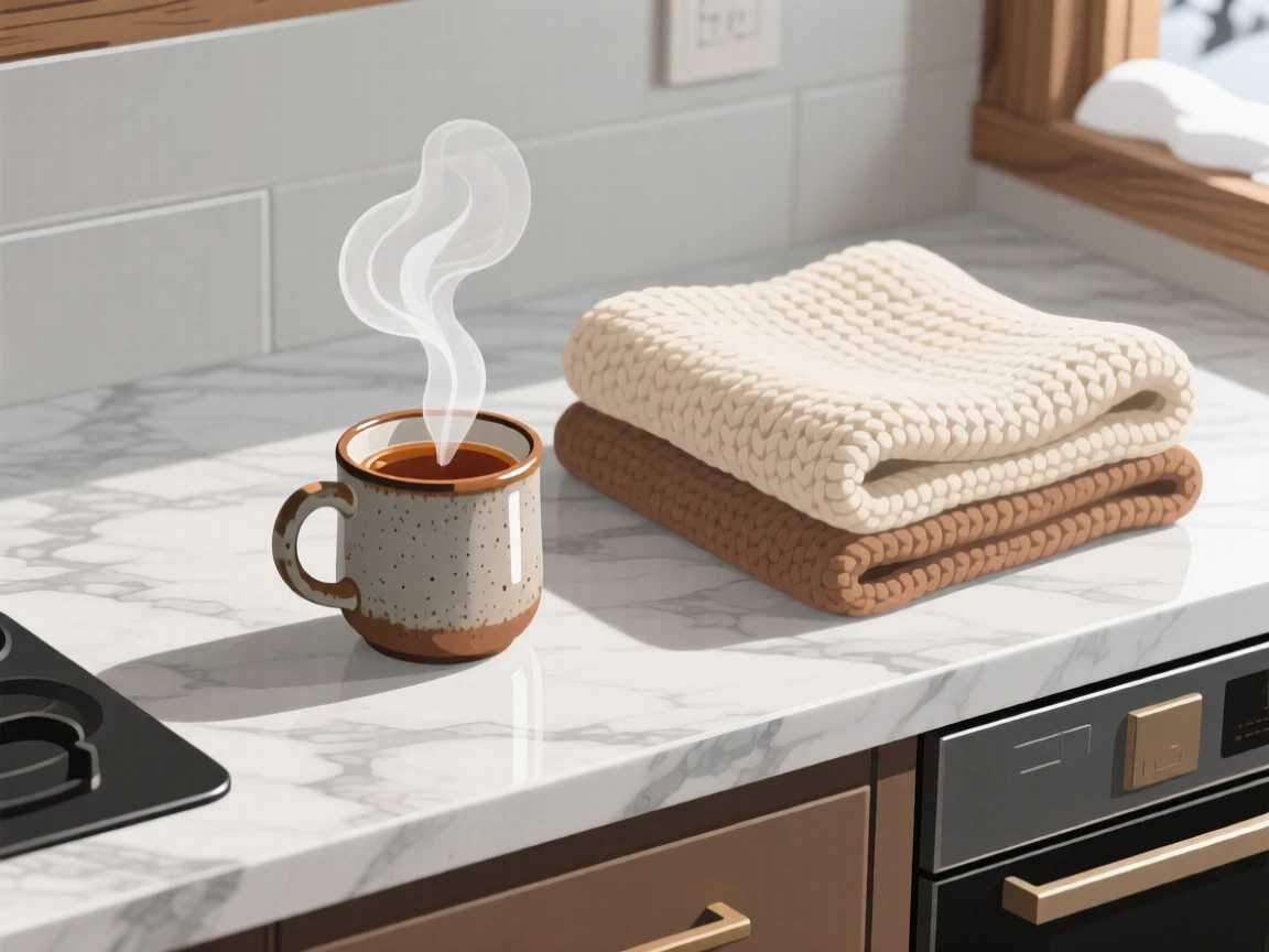 A cozy winter cabin scene with hot tea and a knitted blanket, arranged on a marble countertop with clean lines, captured from a comfortable eye-level perspective, with subtle steam rising to add a warm, lived-in feel.