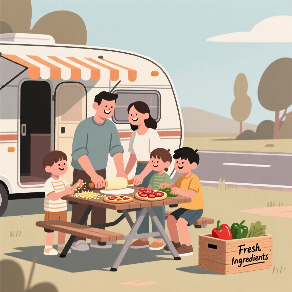 A family making pizza together during a road trip.