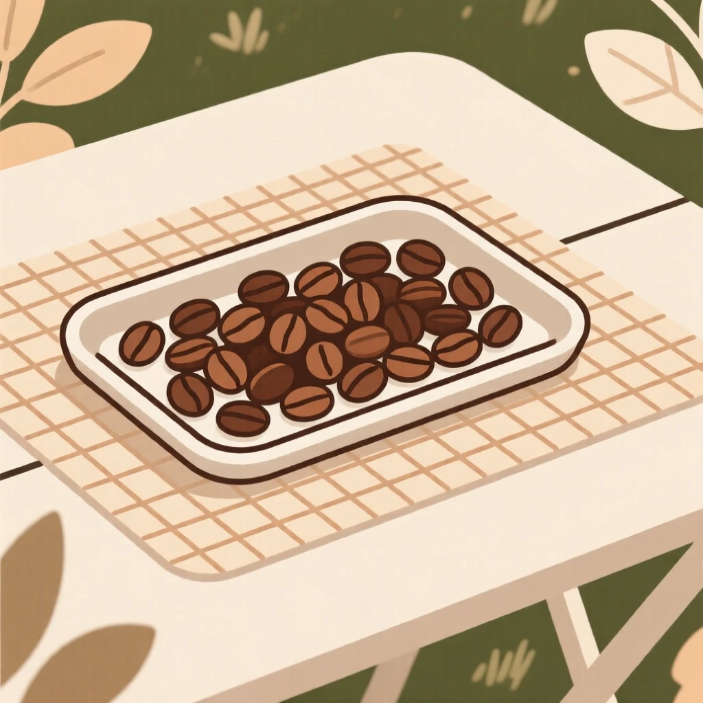 A freshly prepared tray of roasted coffee beans served on a woven placemat, set in a garden table at brunch, inviting festive celebration.