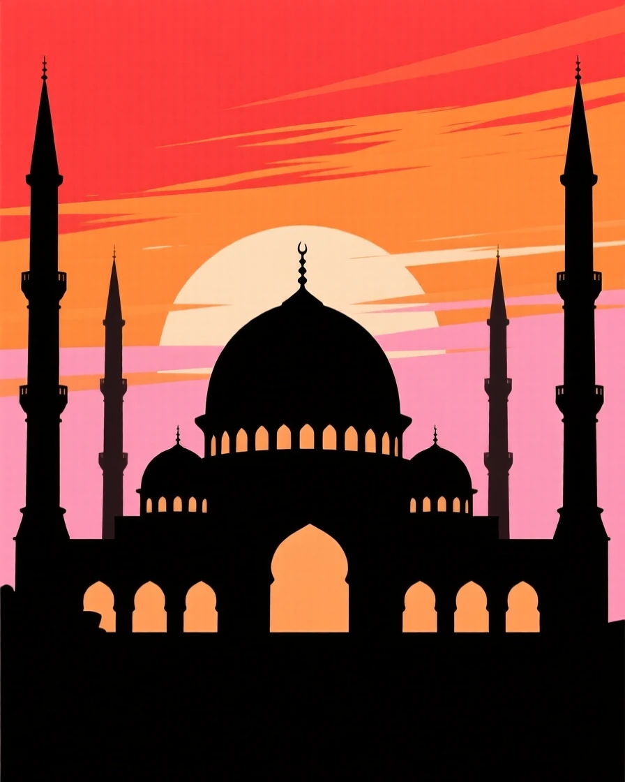 A great mosque with domes and minarets silhouetted against a colorful sky.