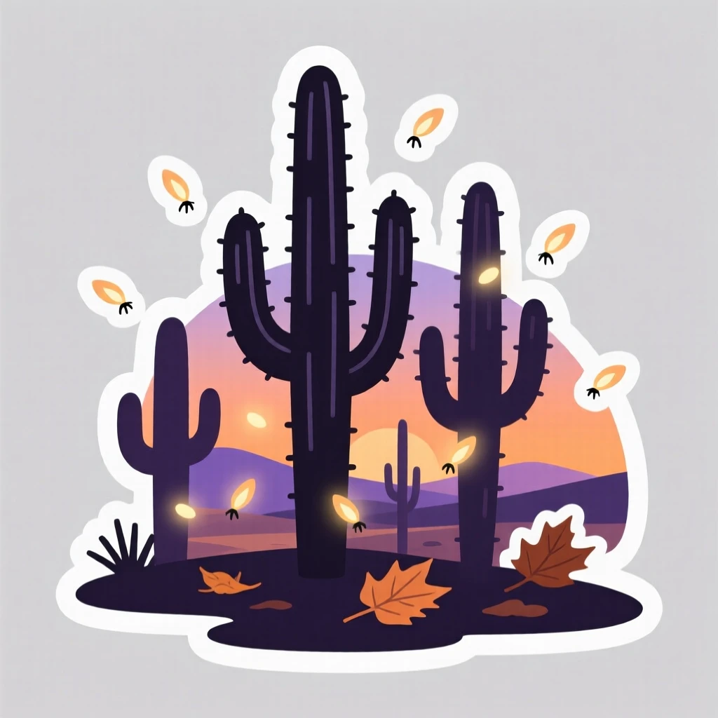 A dreamlike desert landscape with tall cacti, with fireflies glowing softly in the dusk, as the seasons begin to change.