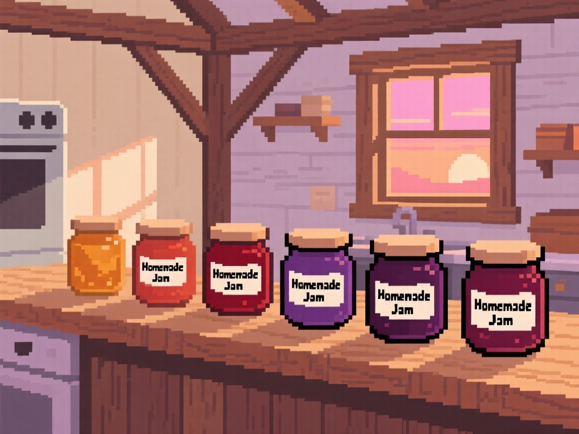 A bakery counter lined with jars of homemade jam, in a farmhouse kitchen at sunrise.