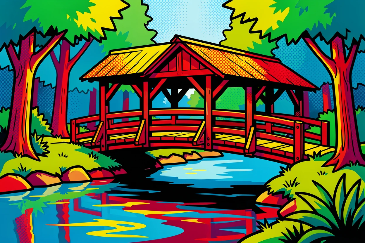 A covered wooden bridge crossing a quiet forest stream