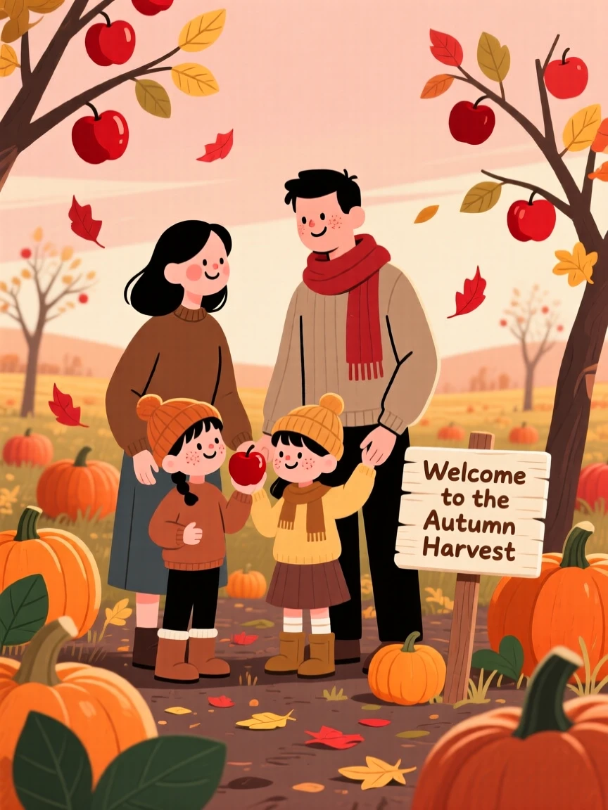 A family gathers apples in a pumpkin patch as red and gold leaves drift down around them under a soft amber sky.