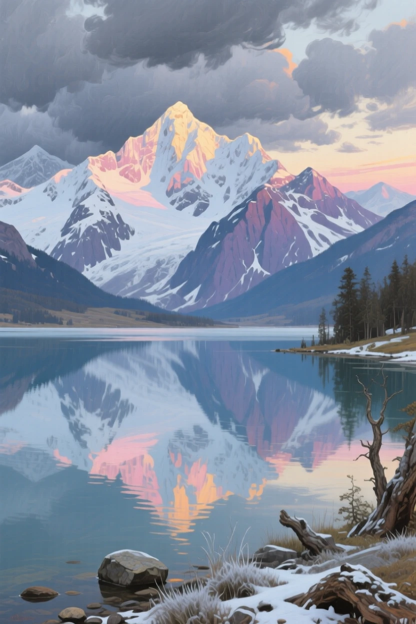 A grand panoramic scene of a snow-capped mountain range reflected in a still alpine lake, just after sunrise, beneath heavy grey storm clouds.