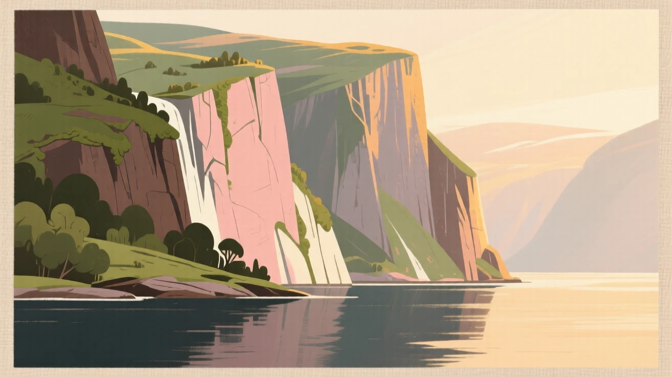 A dramatic fjord with steep cliffs plunging into still, dark water