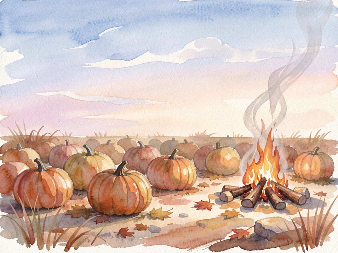 A pumpkin patch under a crisp autumn sky with a crackling fire nearby.