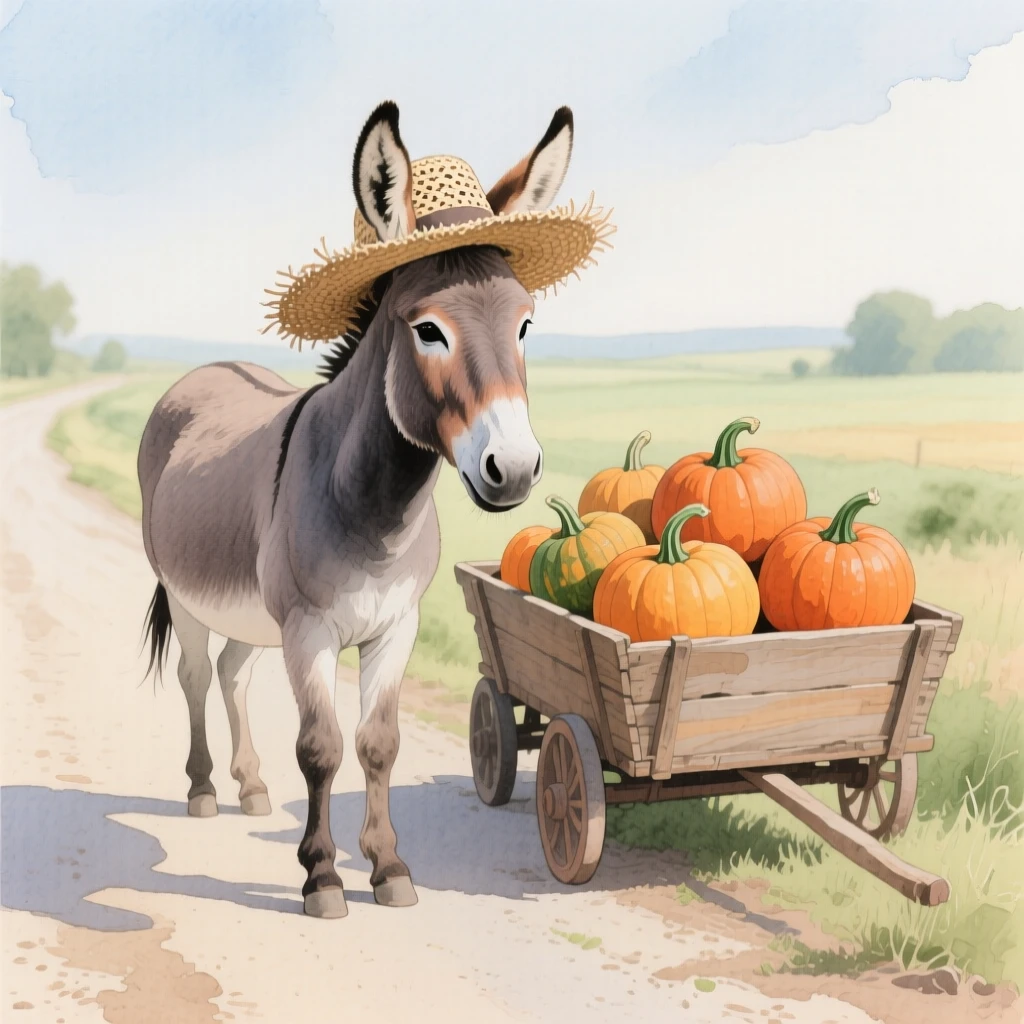 A donkey wearing a straw hat stands beside a cart loaded with pumpkins on a countryside road