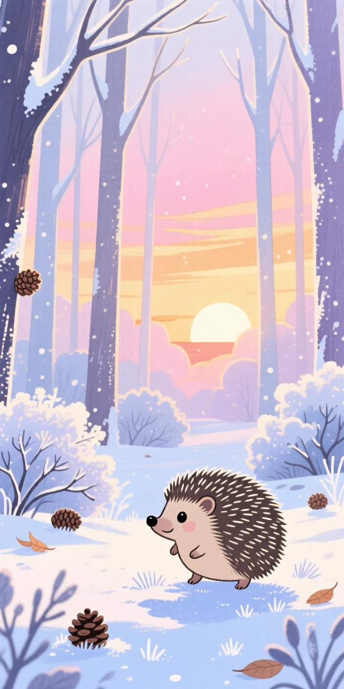 A tiny hedgehog exploring a frosty winter forest at sunset.