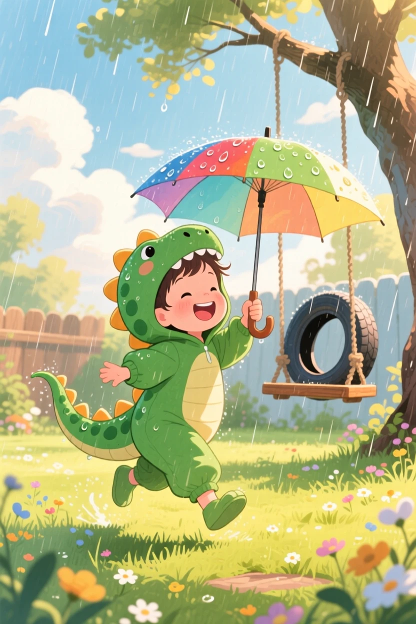 A toddler in a dinosaur costume dancing in the rain with an umbrella, in a sunny backyard with a tire swing, brimming with carefree happiness.