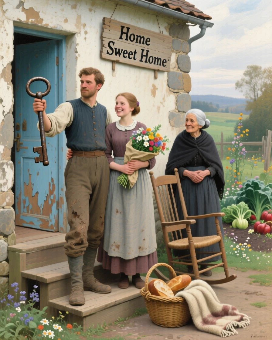 A young family moving into their first house, keys held up proudly, as an older family member watches on with a proud smile, evoking warmth, nostalgia, and heartfelt connection