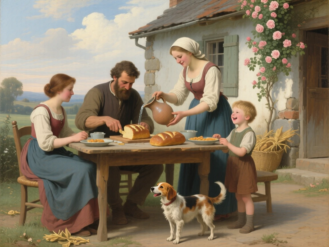 A family sharing a modest harvest meal beneath an open sky as ordinary labor takes on unexpected grace, set beside a rustic cottage framed by climbing roses, with children's laughter and a stray dog weaving underfoot; the composition finds quiet monumentality in an everyday gesture, suggesting that meaning is found in life's smallest rituals.