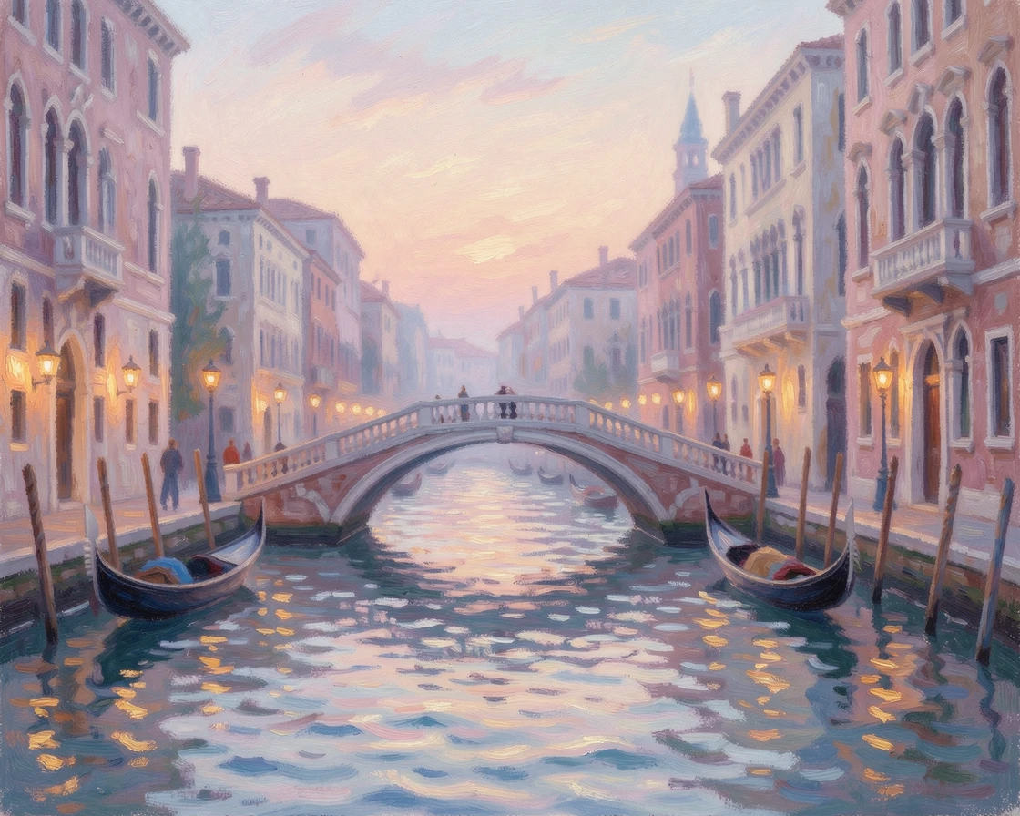 The canals of Venice at dusk, gondolas gliding beneath ornate bridges as lanterns begin to glow along the water.