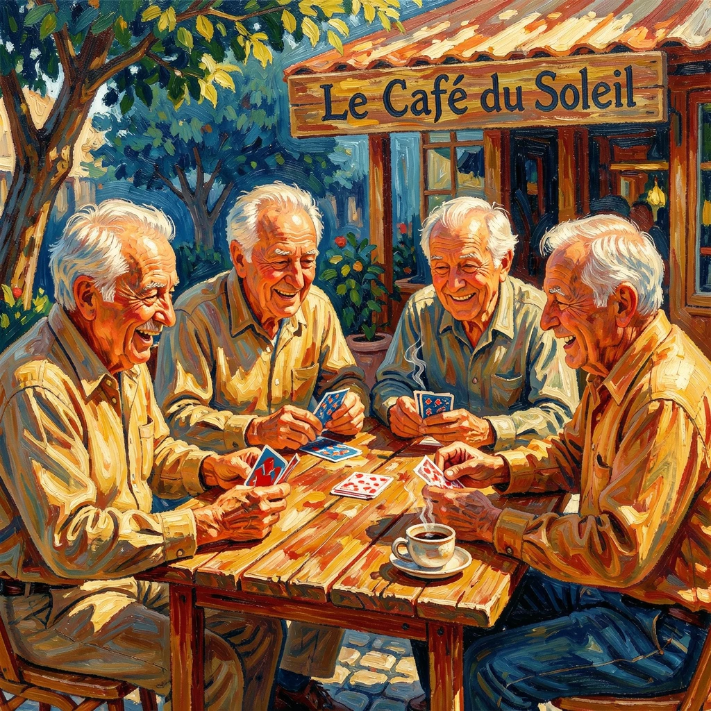 A group of elderly friends playing cards together at a sunny café table.