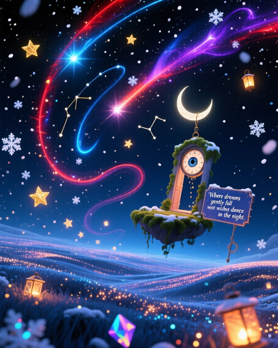 A night sky where stars fall slowly like gentle snow drifts slowly through an endless field of stars, as shooting stars trace slow arcs across the darkness.