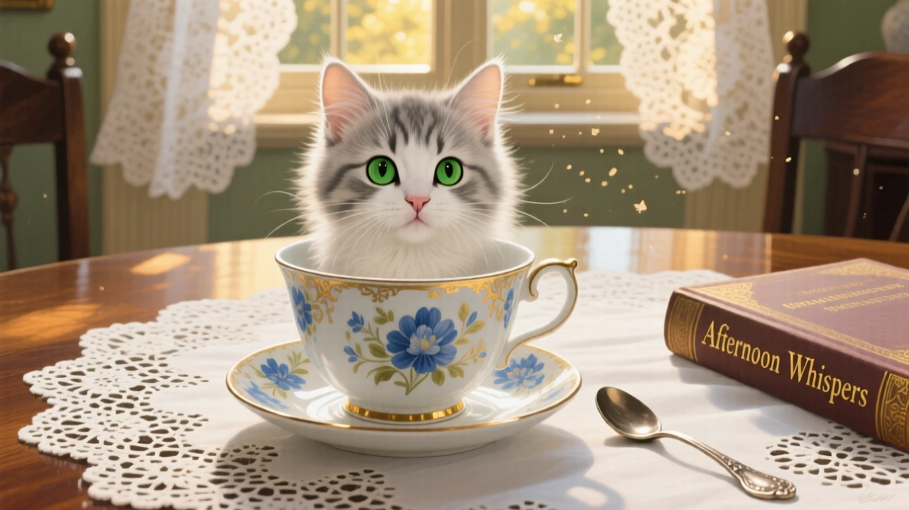 A fluffy kitten peers curiously over the edge of a teacup on a lace tablecloth, whiskers nearly brushing the porcelain rim, the surrounding habitat rendered in enough detail to suggest a specific time and place.