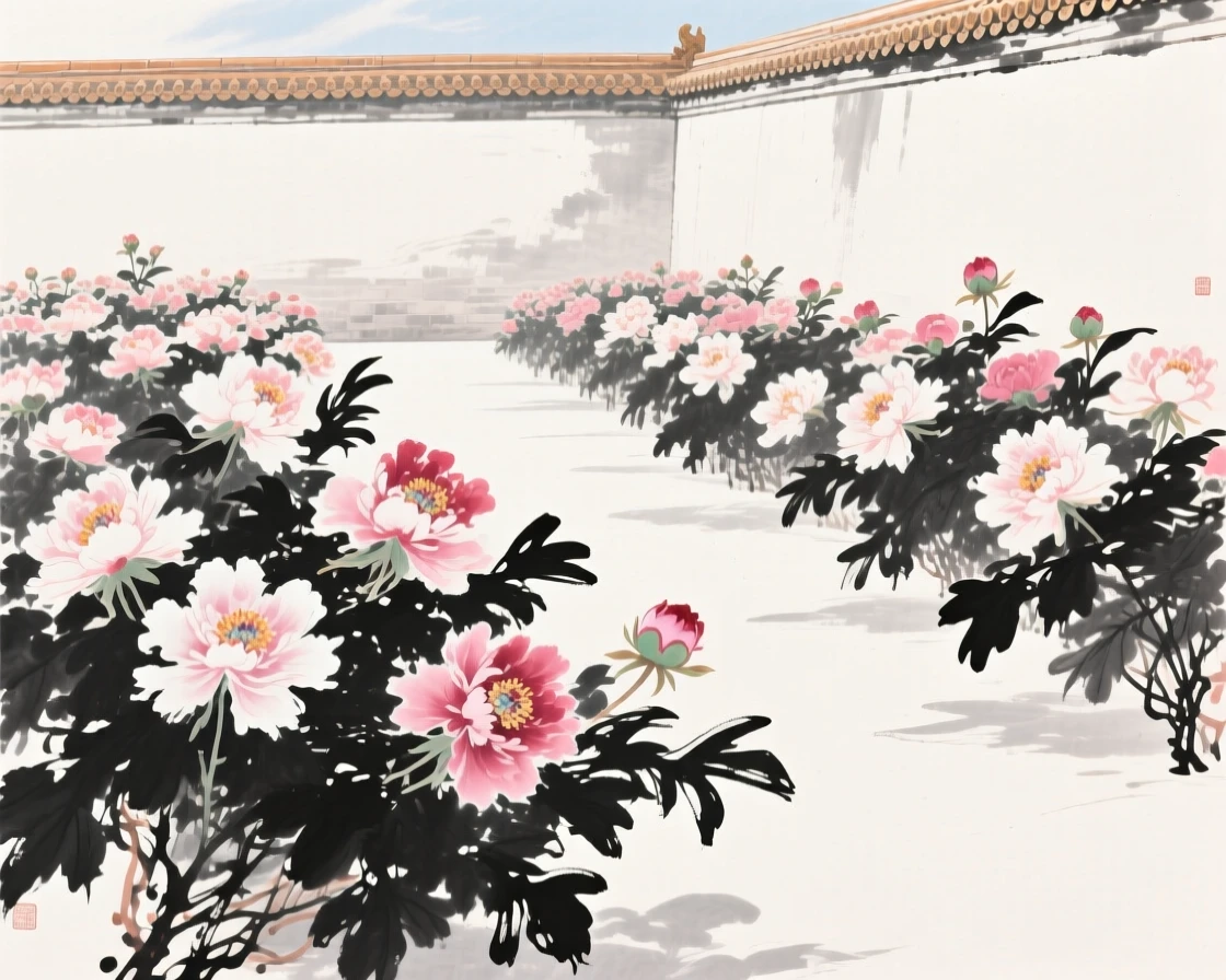 Rows of peonies in a palace garden open beneath the summer sun, with a garden wall visible in the soft background.