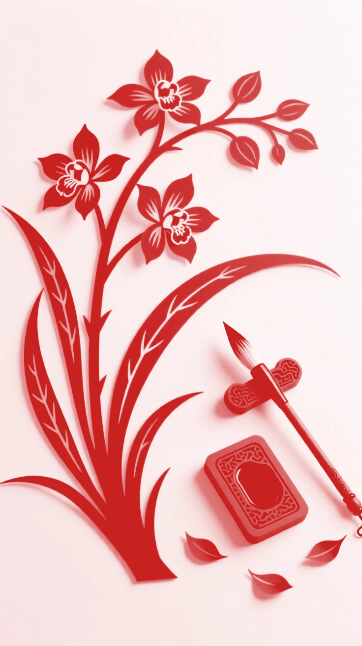 An orchid stem scattered with a few fallen petals on dark stone, beside a scholar's brush and inkstone.