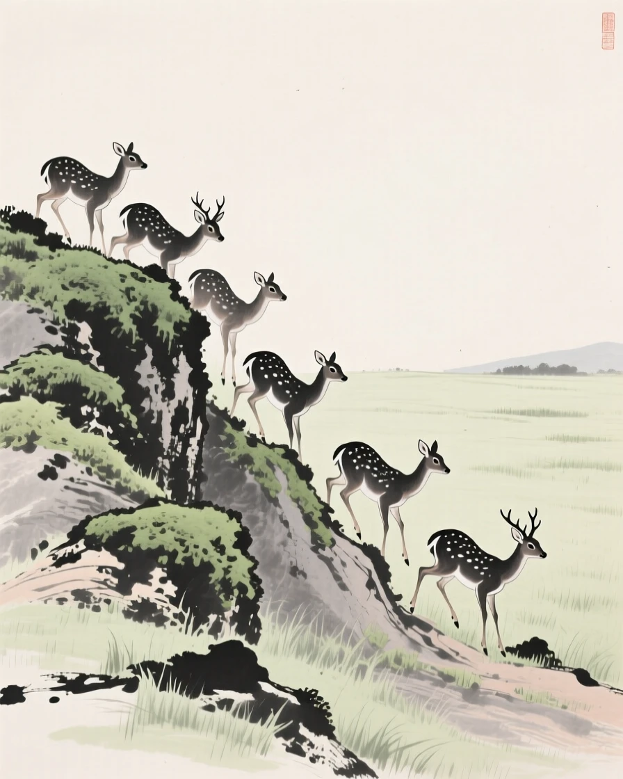 A small herd of deer climbing a steep, moss-covered slope across an open grassy plain, captured in profile against a soft, empty background, conveying quiet strength and natural grace.