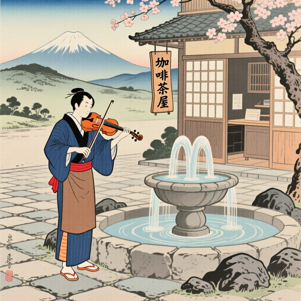A barista playing violin beside a plaza fountain.