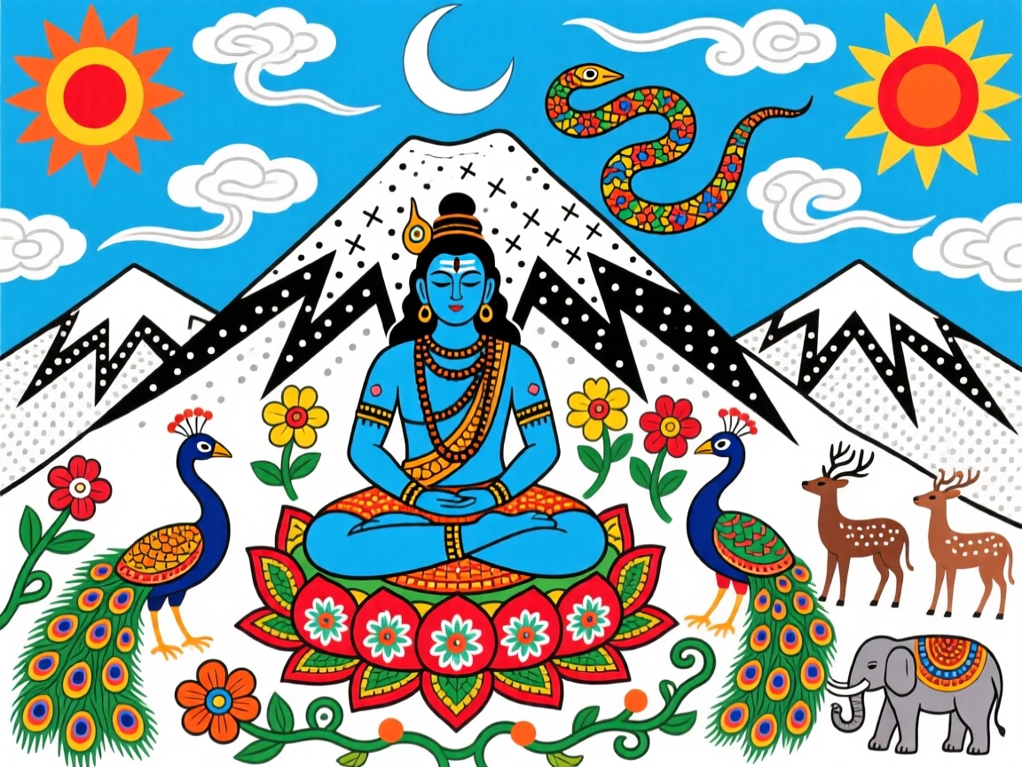 Shiva seated in deep meditation atop a snow-covered mountain peak.