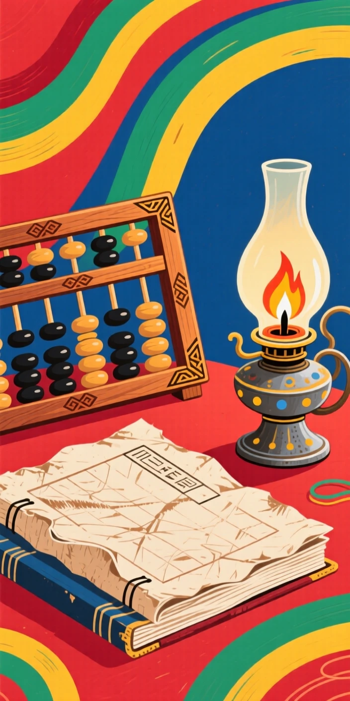 A wooden abacus resting on an old ledger book beside a burning oil lamp.