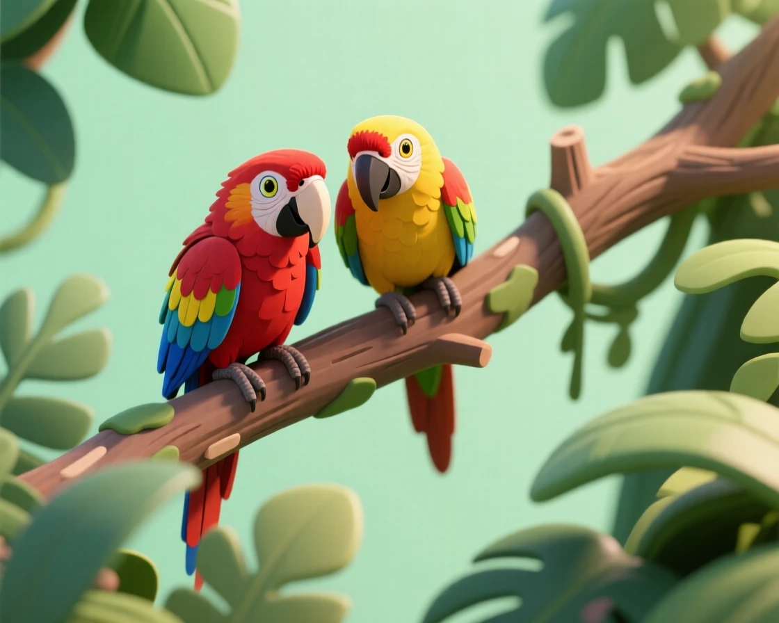 A pair of macaws perched on a jungle branch, their vibrant feathers a striking contrast against the green canopy.