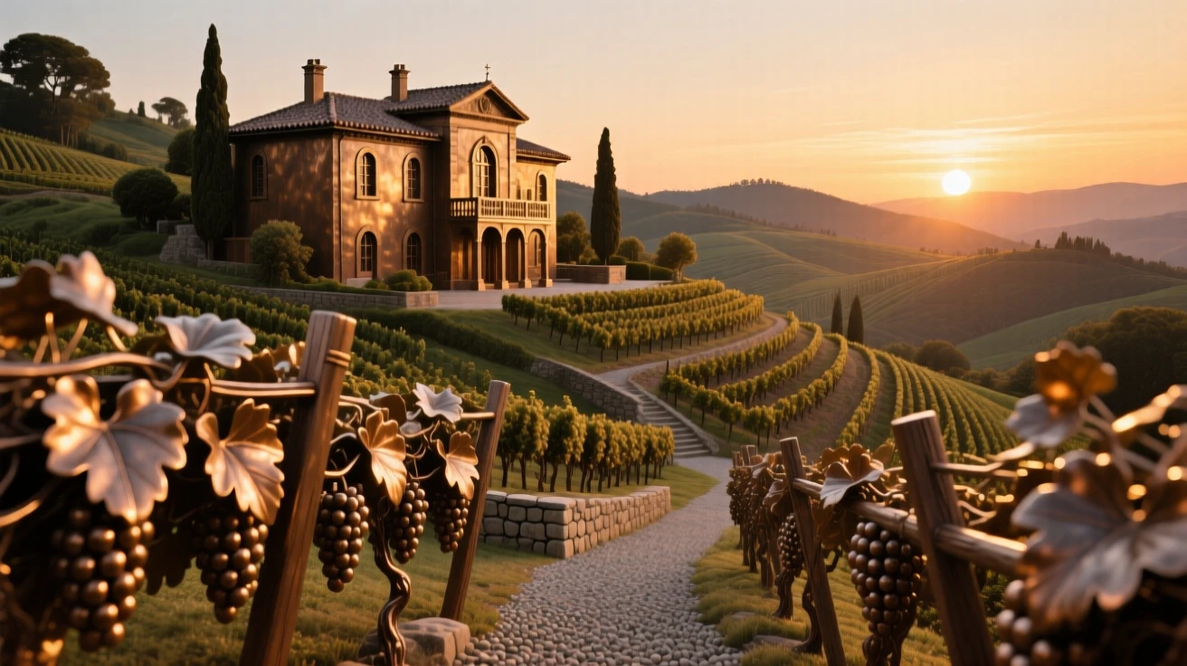 A majestic hillside vineyard estate glowing at dusk, bathed in warm, golden light, exuding timeless grandeur